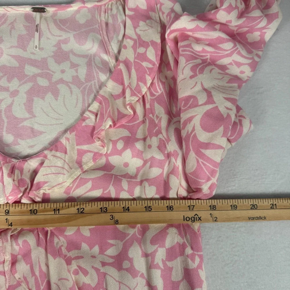 Free People Floral Tunic Dress Womens Size S Pink Rayon Boho Ruffle Tiered Mini